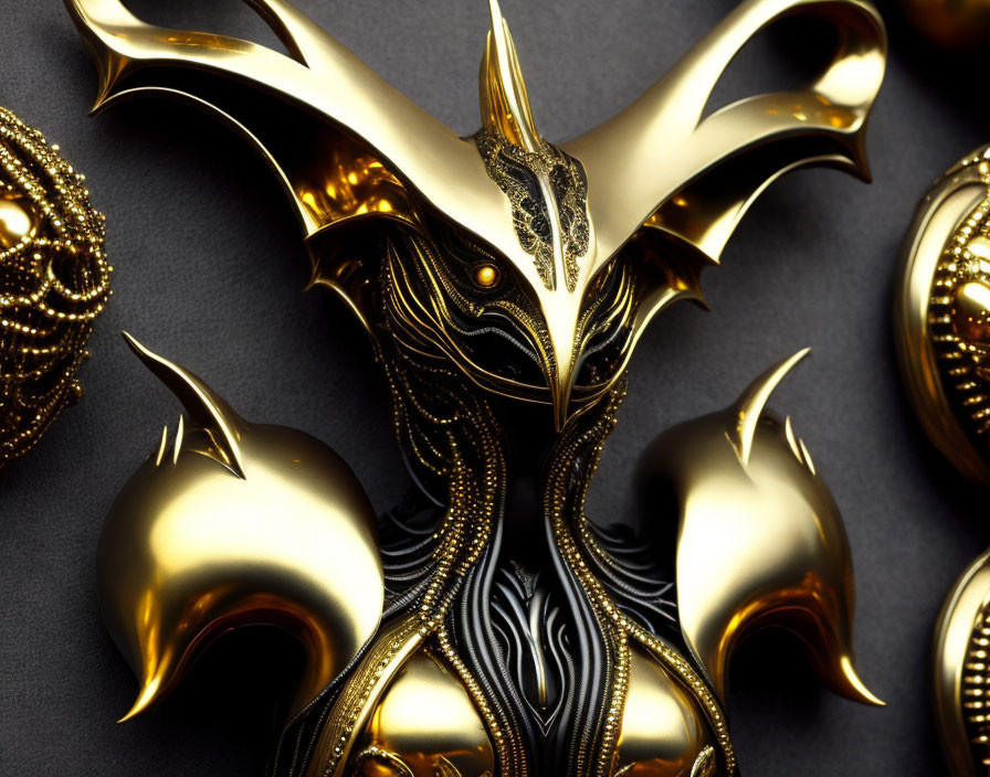 Luxurious gold and black armor set with winged helmet and intricate embellishments