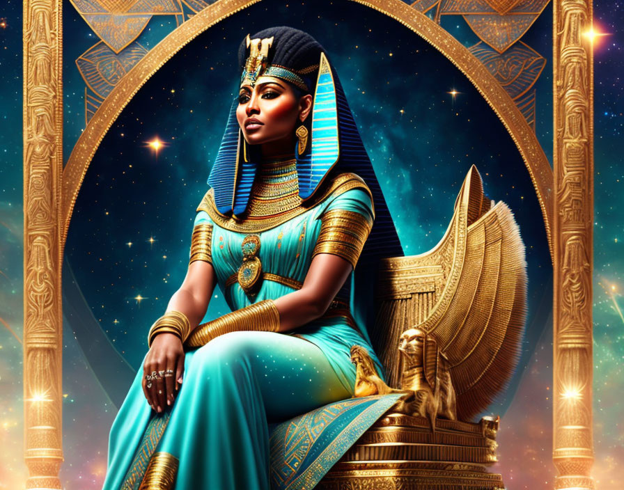 Ancient Egyptian Queen Portrait with Throne and Celestial Background
