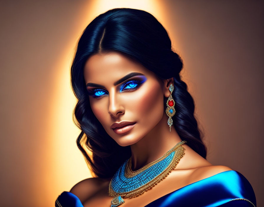 Stylized portrait of woman with blue eyes and elegant jewelry on warm backdrop