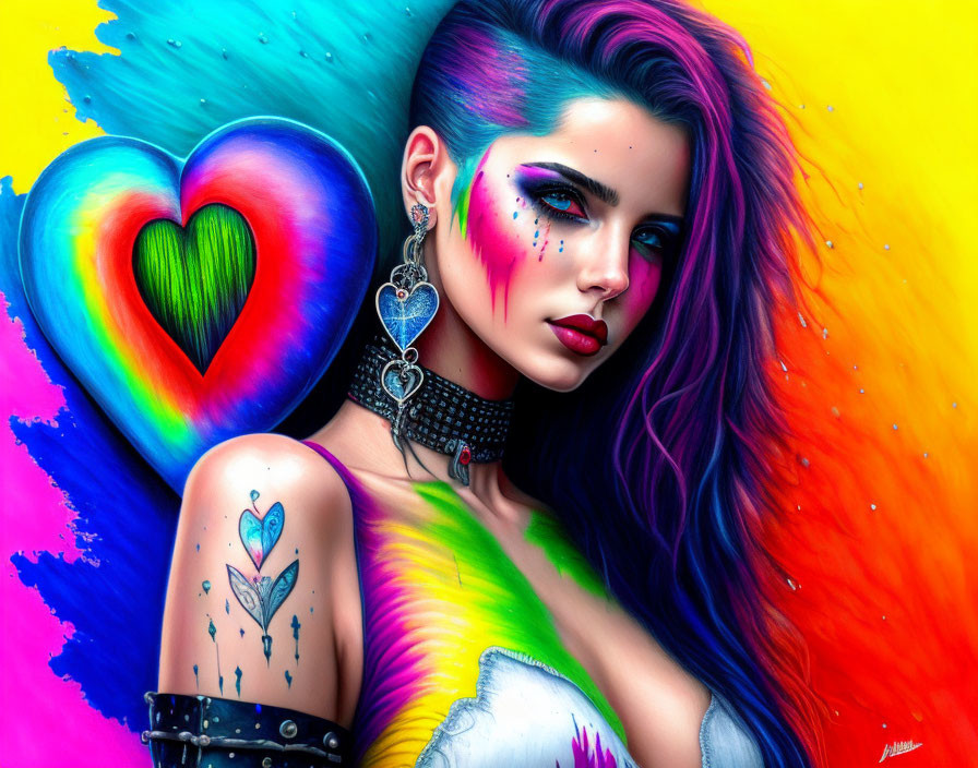 Colorful portrait of woman with rainbow hair, bright makeup, choker, and heart tattoo.