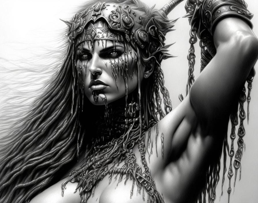 Monochrome art of fierce female warrior with headdress and chainmail