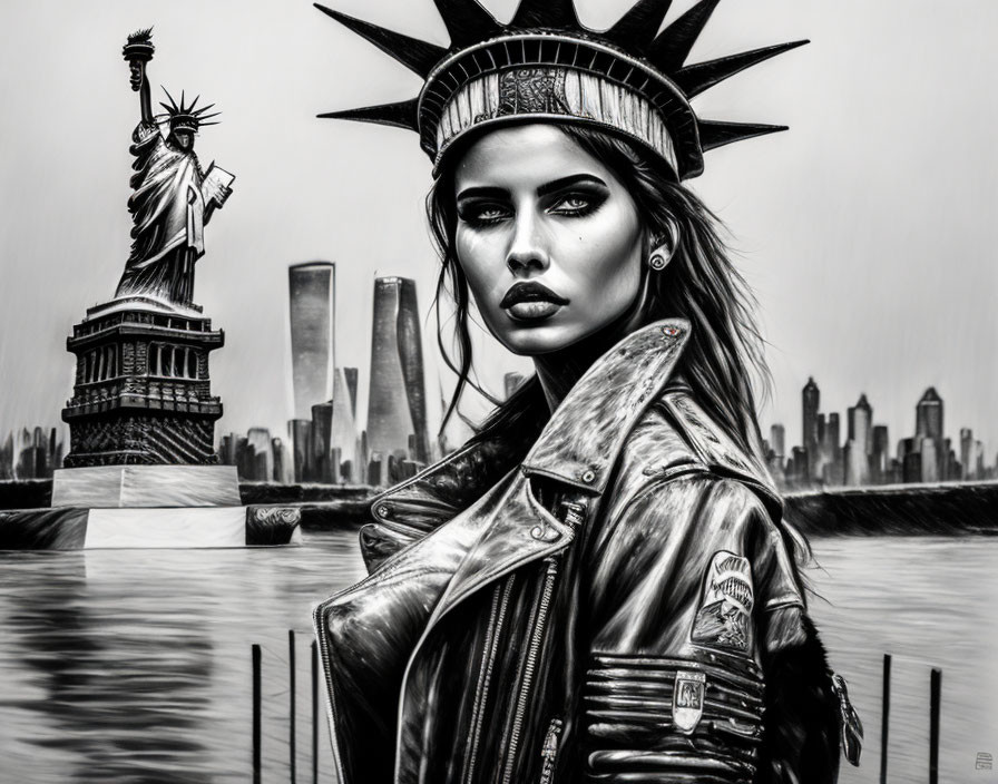 Monochrome illustration of modern woman with Statue of Liberty crown against NYC skyline.