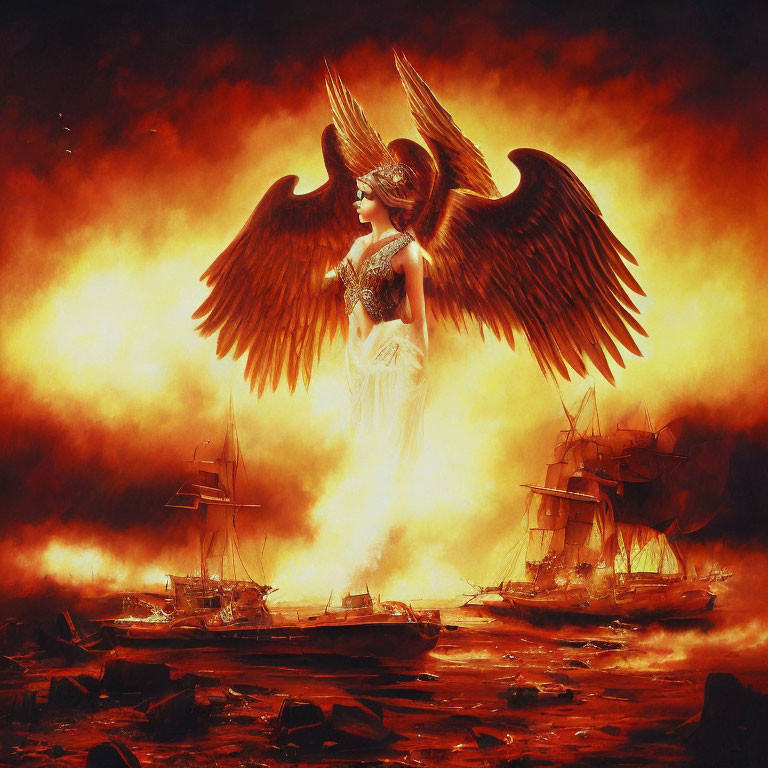 Majestic angel with wings in fiery waters among sailing ships