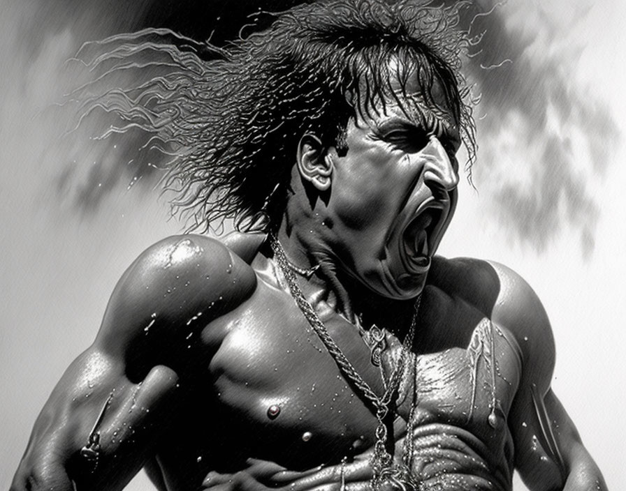 Detailed Black and White Muscular Figure Screaming in Cloudy Background
