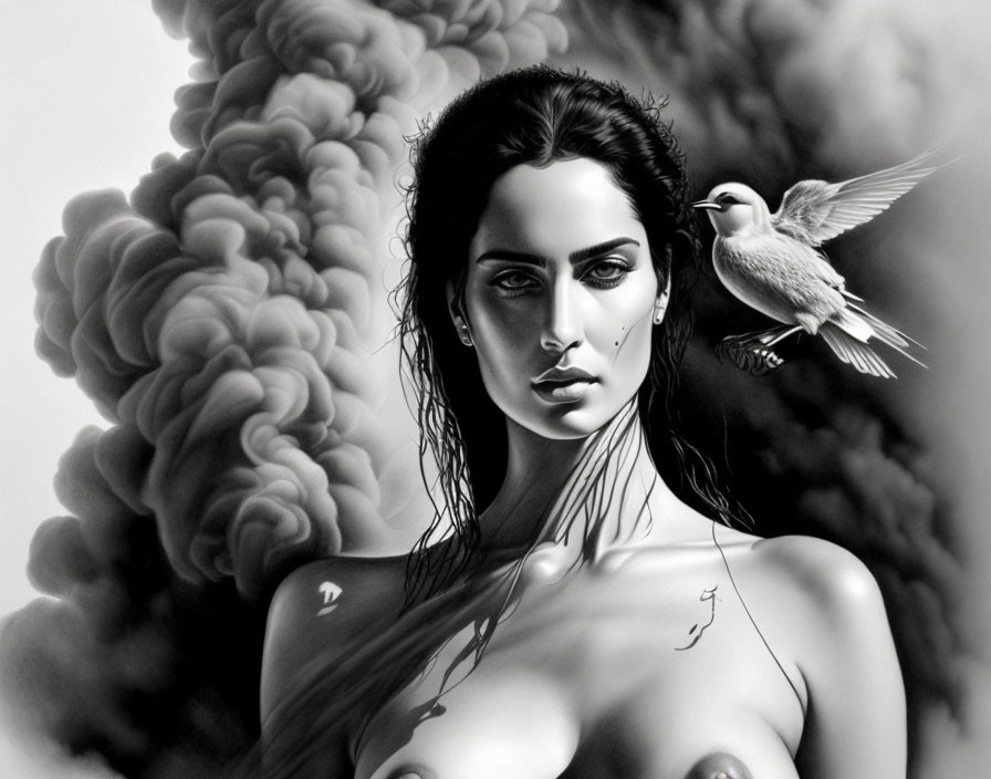 Monochrome art: woman with bird and smoke plume