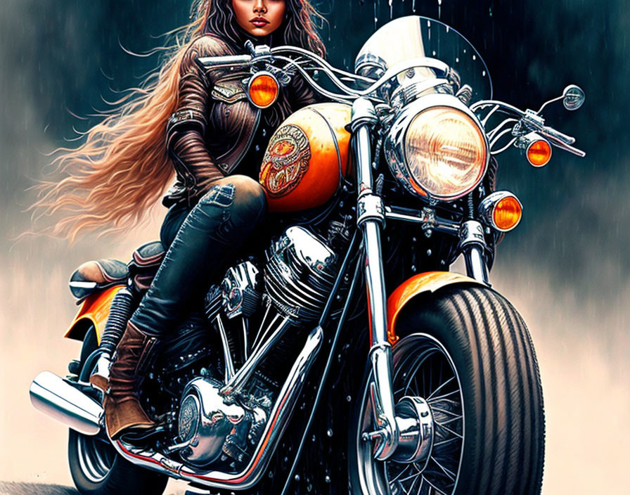 Long-haired woman on classic motorcycle in rain.