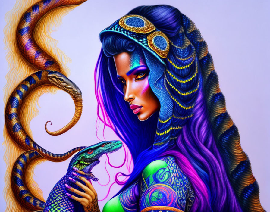 Colorful artwork featuring woman with blue skin, purple hair, scale patterns, and dragon creature.