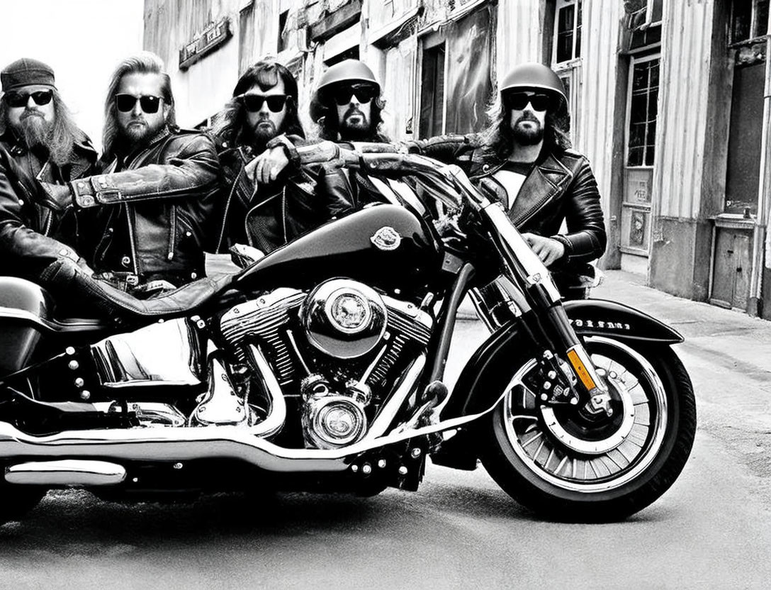 Four Bearded Bikers in Leather Jackets with Harley-Davidson Motorcycle