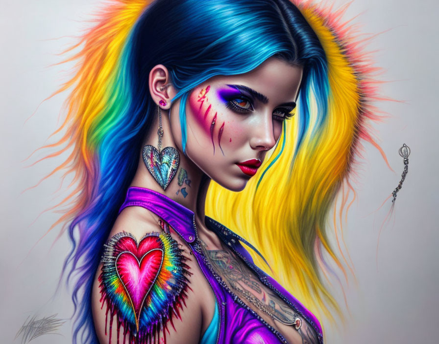 Illustrated woman with rainbow hair, heart tattoo, and jewel earring
