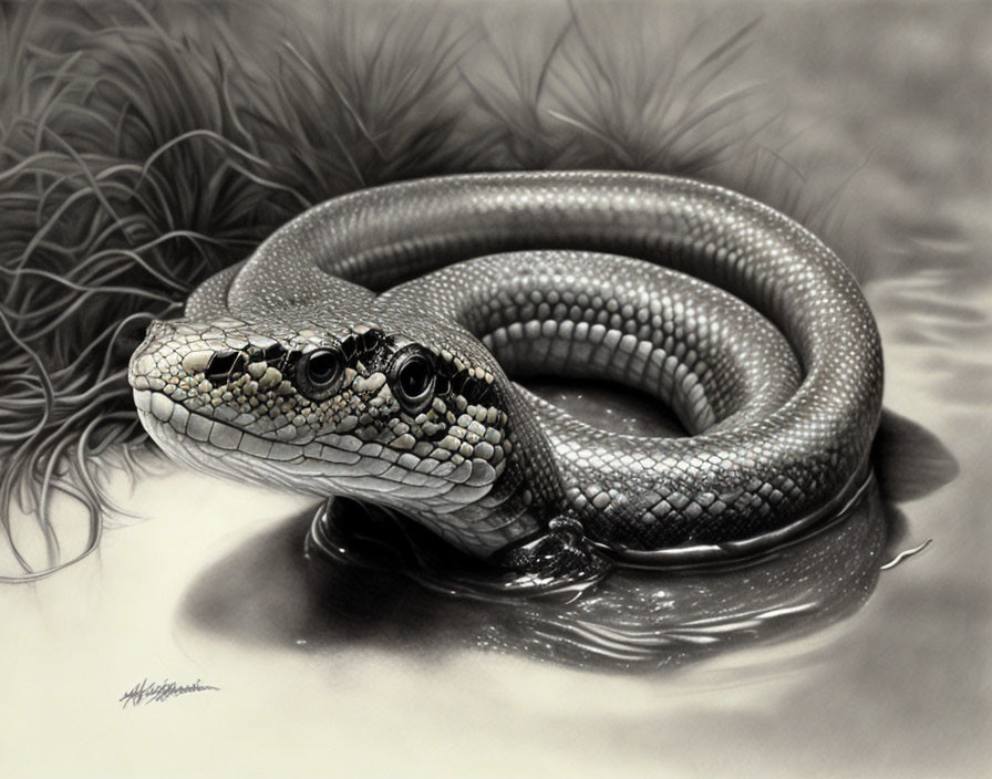 Detailed grayscale drawing of snake in water with textured scales