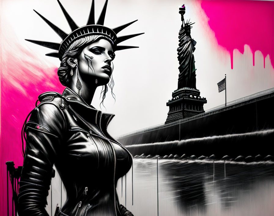 Monochrome illustration of woman in leather jacket with Statue of Liberty and pink sky.