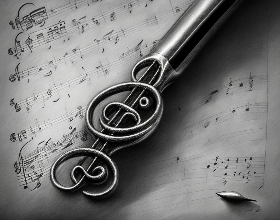 Monochrome artistic drawing of scissors with musical notes and staves