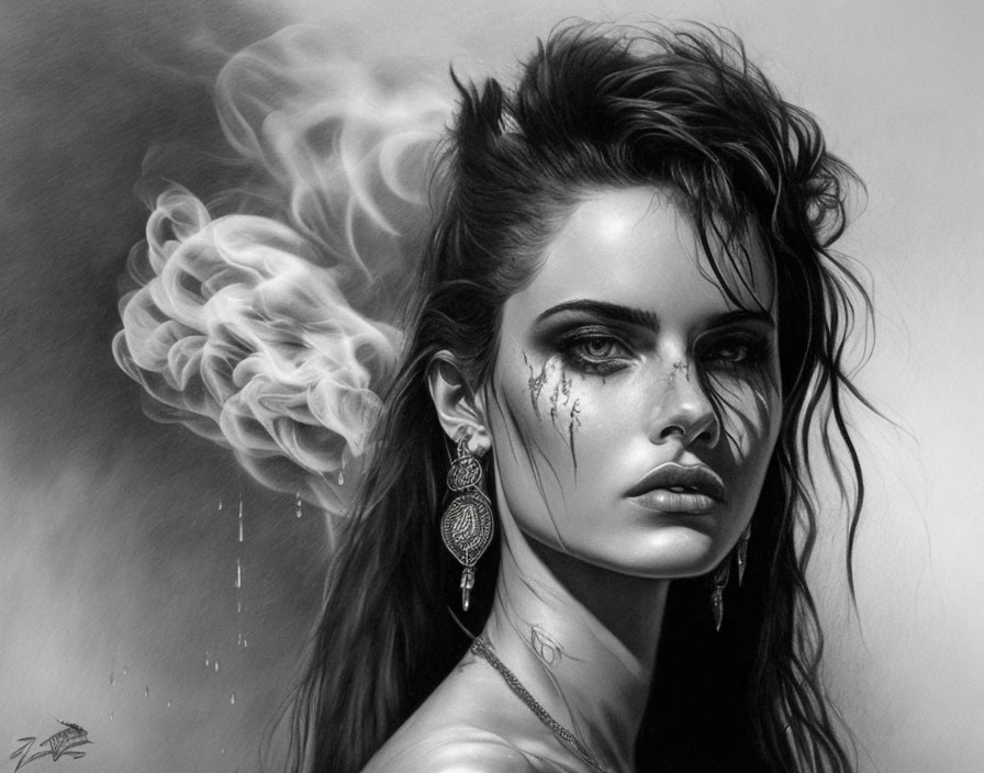 Intense monochrome portrait of woman with tears, smoke, and detailed earrings