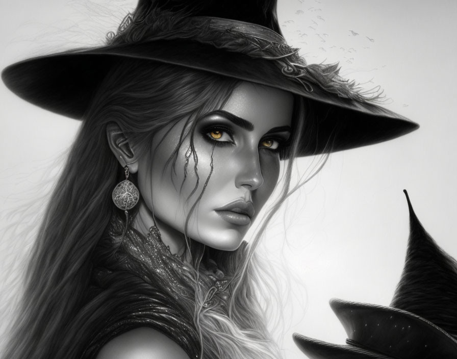 Monochrome witch art with yellow eyes, pointy hat, and raven