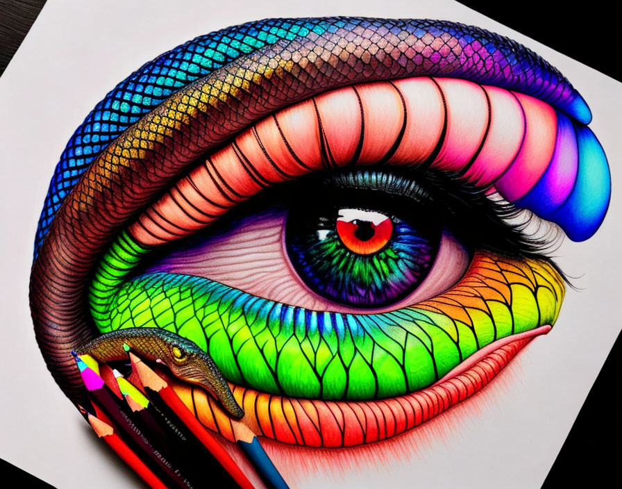 Detailed Drawing: Eye with Rainbow Snake Wrapped Around