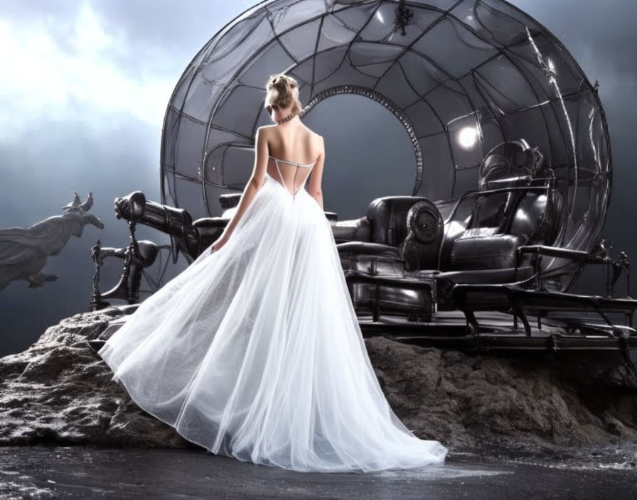 Woman in white gown with train near futuristic dome & horse statue on rocky terrain