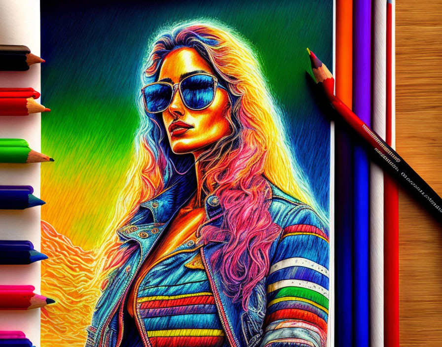 Colorful illustration: Stylish woman with wavy hair, sunglasses, denim jacket, surrounded by pencils