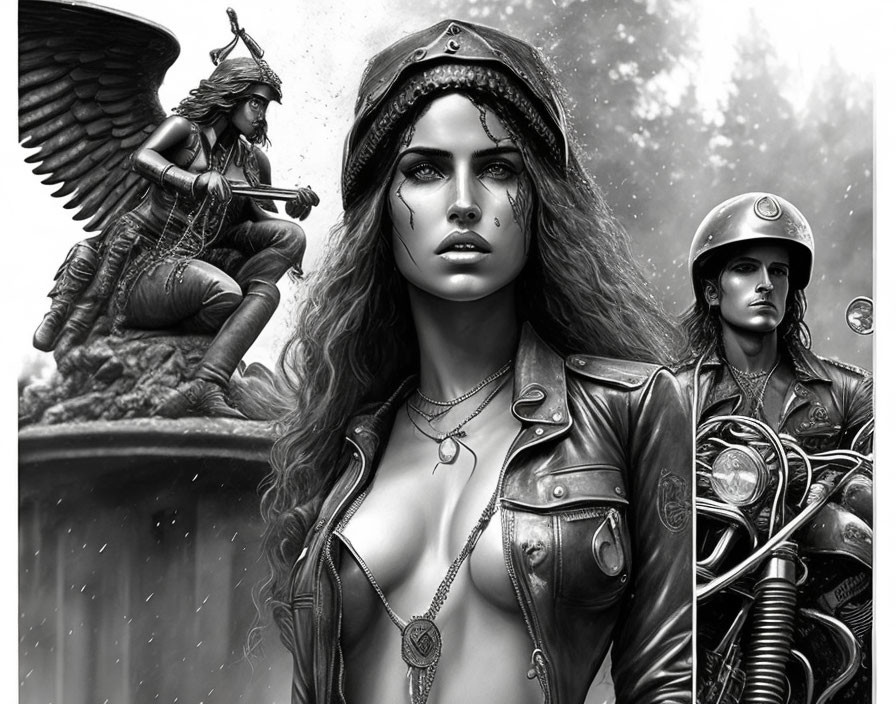Monochrome artwork of fierce woman in leather jacket with statuesque warrior figures.