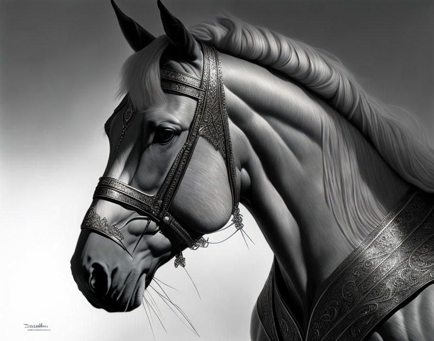 Detailed Monochromatic Horse Art with Ornate Bridle & Mane