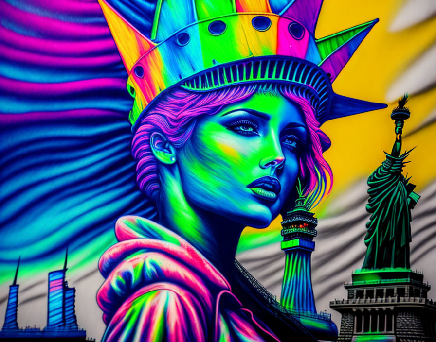 Colorful mural featuring woman's face and Statue of Liberty elements in neon colors.