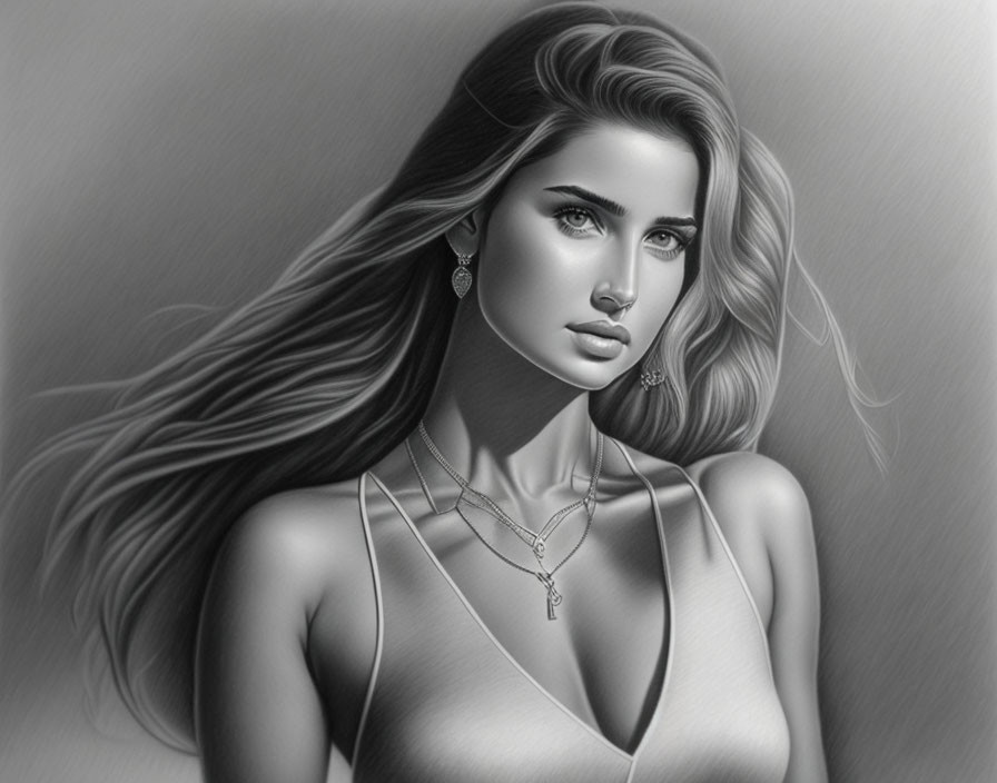 Monochrome digital art of woman with flowing hair and jewelry