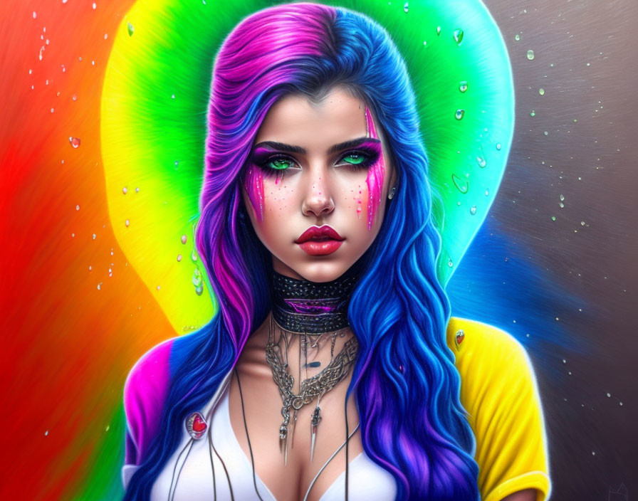 Colorful Portrait of Woman with Blue and Purple Hair and Rainbow Background