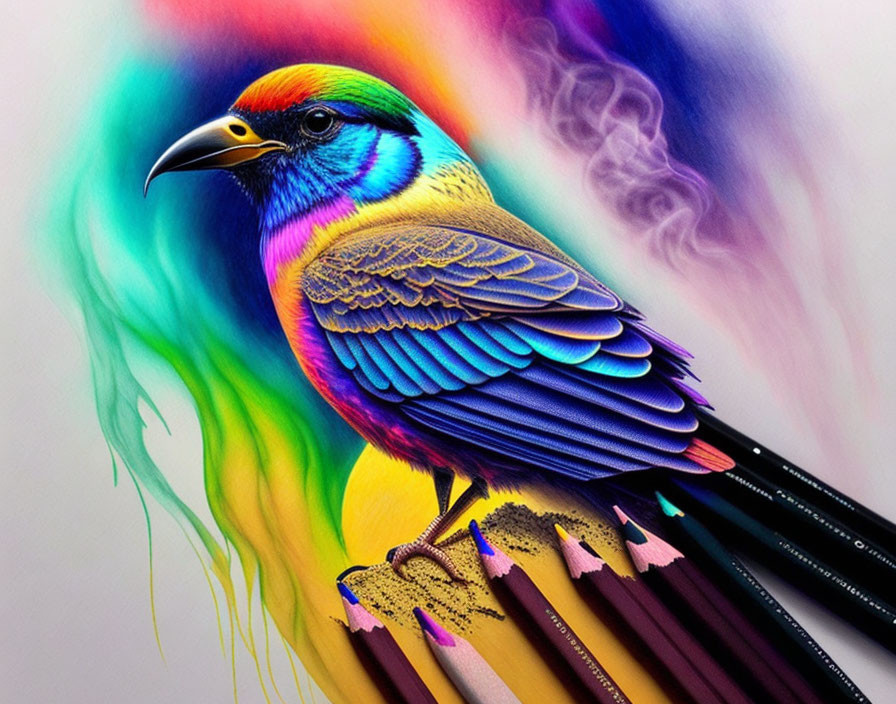 Colorful Bird Perched on Colored Pencils with Rainbow Feathers