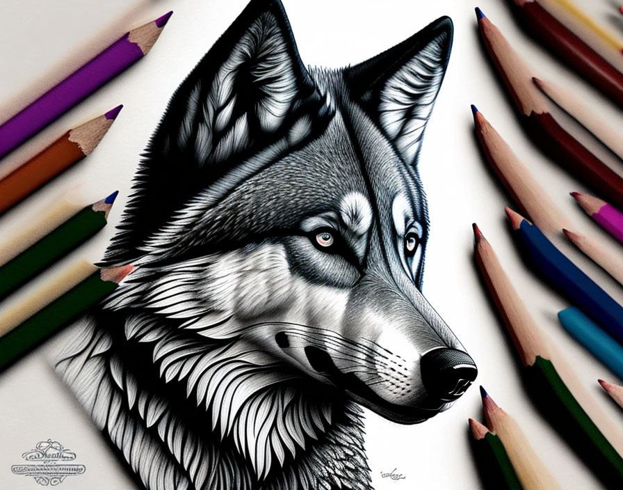 Detailed Wolf Head Sketch Among Multicolored Pencils on White Surface