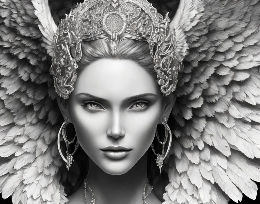 Symmetrical beauty in monochromatic portrait with decorative headdress and feathered wings