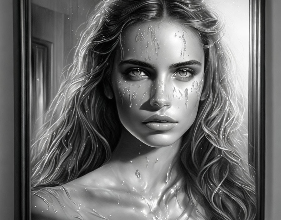 Monochrome portrait of a woman with wavy hair and water droplets, expressing depth and emotion.