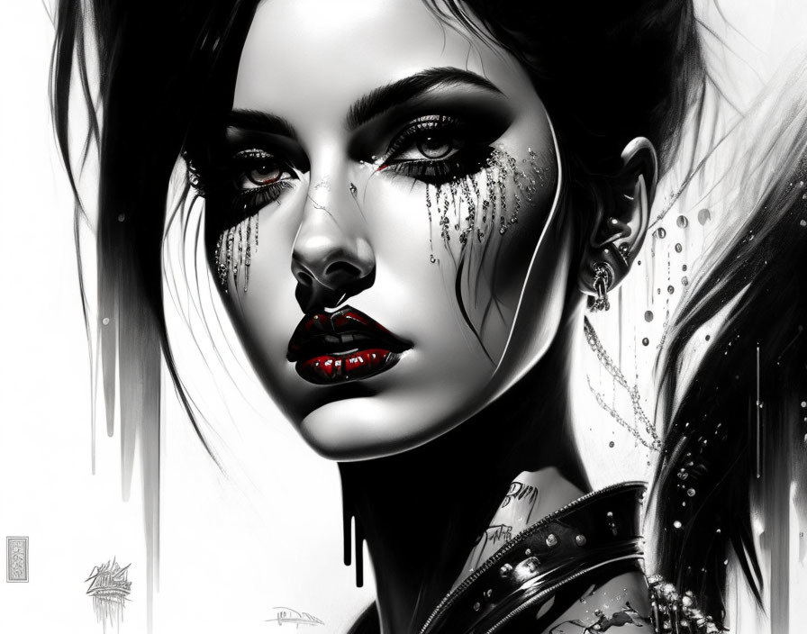 Monochrome Artwork: Woman with Black Hair and Teary Eyes