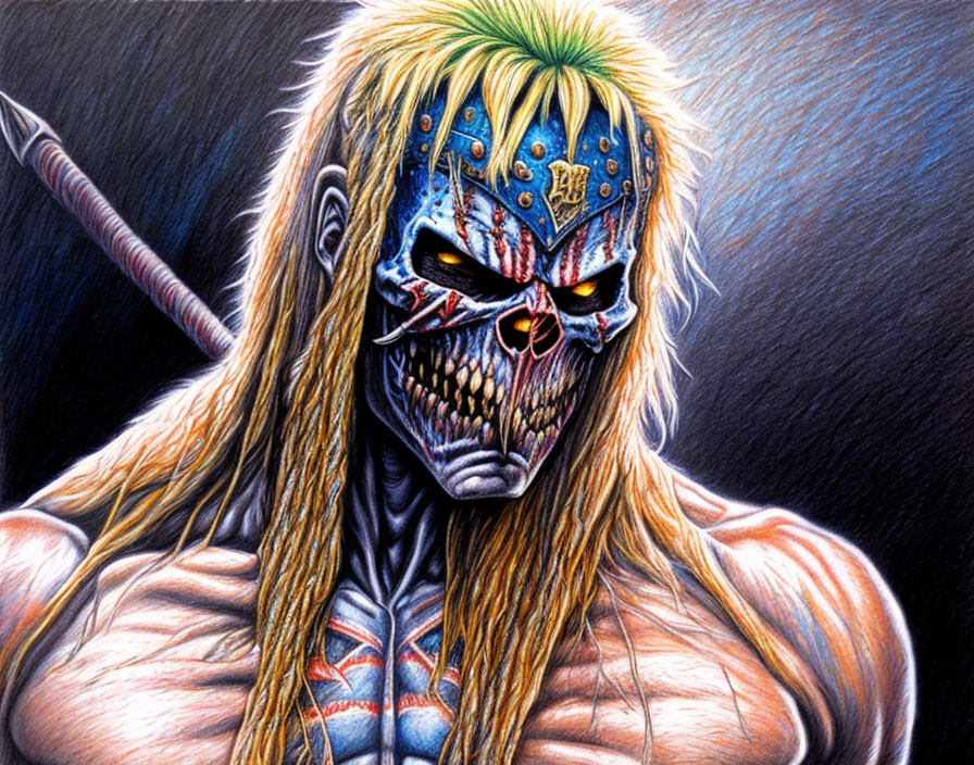 Muscular character with skull-like face paint and sword in hand