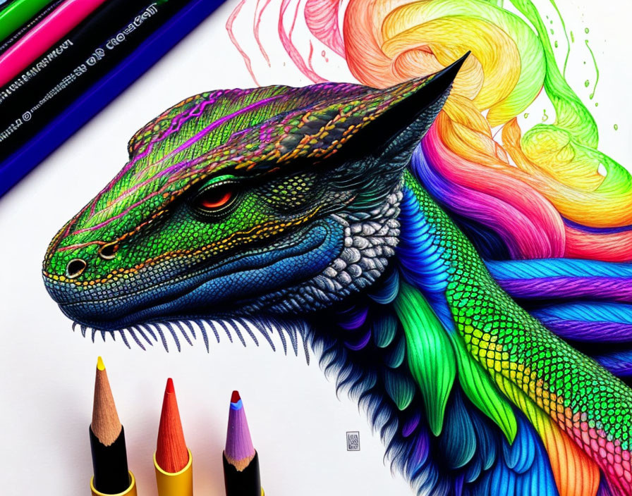 Colorful Dragon Head Drawing Surrounded by Ribbons and Colored Pencils