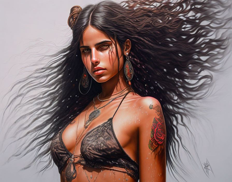 Detailed illustration: Woman with dark hair, tattoos, and striking features in a lacy garment