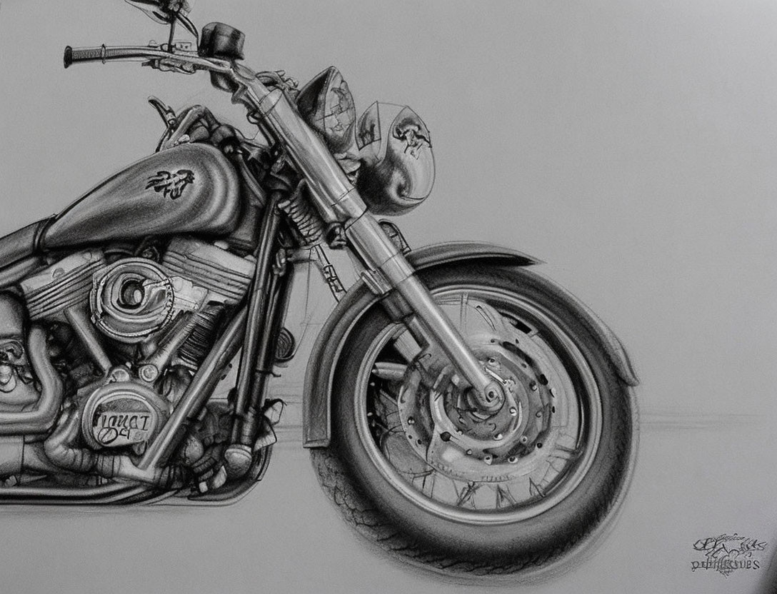 Detailed pencil sketch of classic-style motorcycle with visible engine and exhaust on shaded background