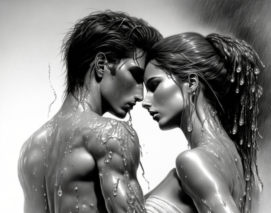 Monochromatic close-up artwork of intimate wet couple