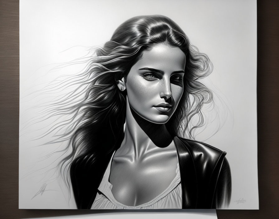 Monochromatic drawing of woman with flowing hair and leather jacket on paper canvas