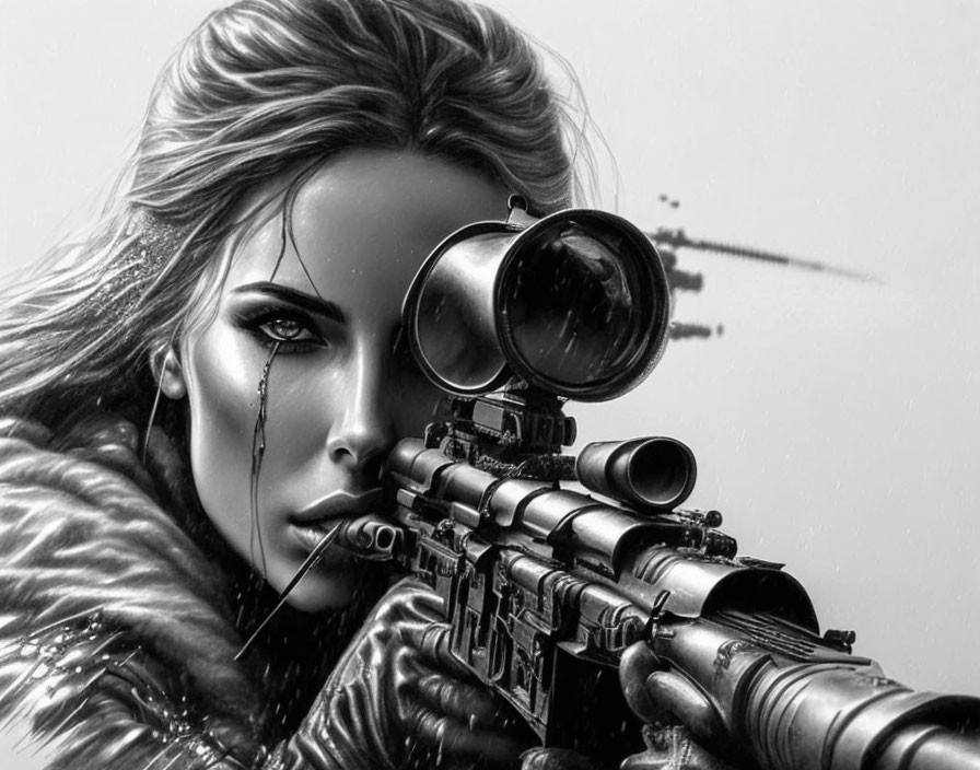 Monochrome artwork of woman with flowing hair and sniper rifle