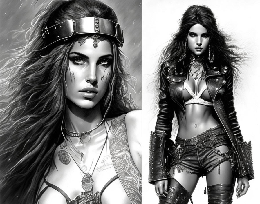 Detailed Black-and-White Illustrations of Fierce Woman with Tattoos in Fantasy Attire