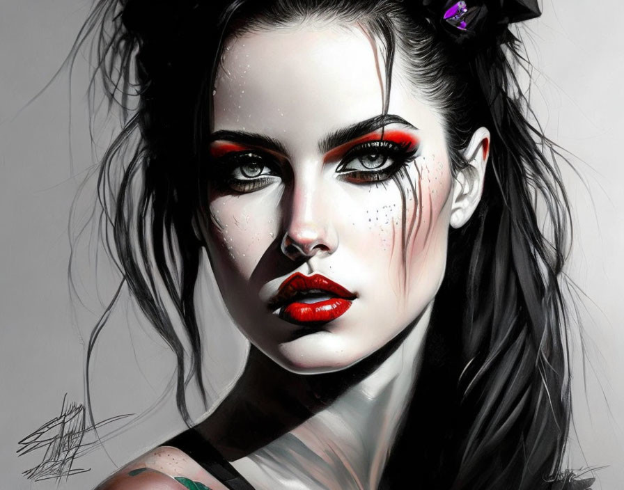 Illustration of woman with red makeup, glossy lips, intense gaze, freckles, and black
