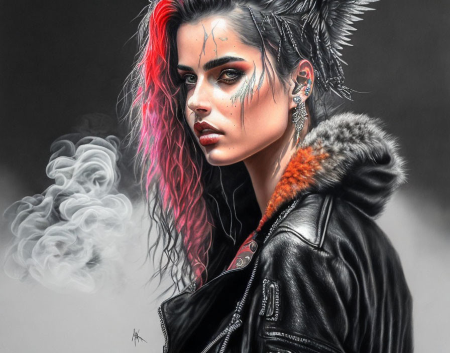 Colorful streak hair woman in fur-trimmed leather jacket exhales smoke