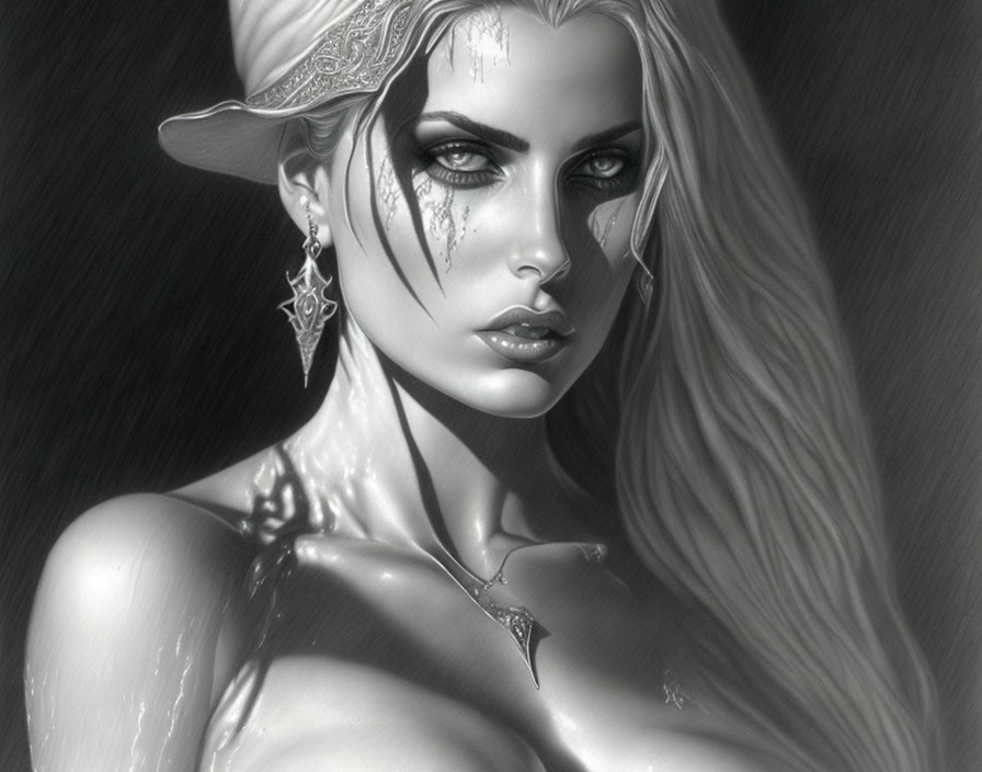 Monochrome digital artwork of a woman with tears, hat, and jewelry