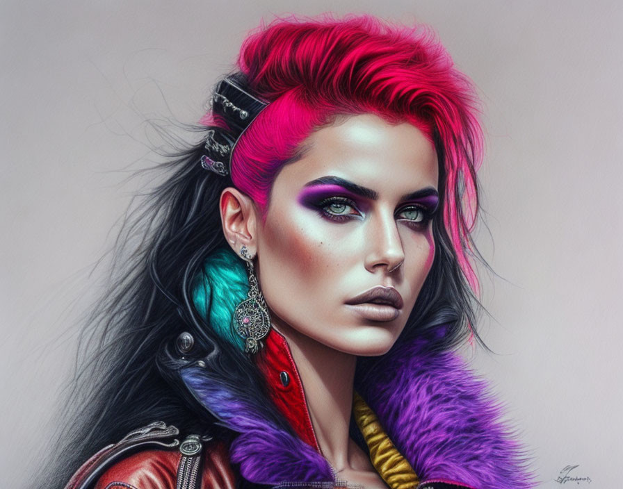 Vibrant Pink Hair Woman in Dramatic Makeup and Colorful Fur Collar