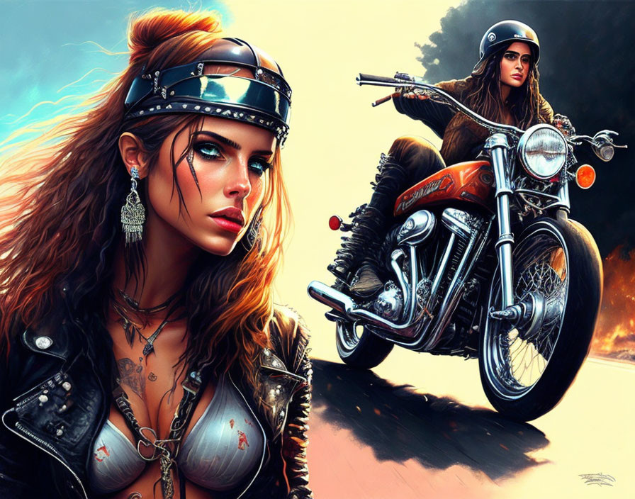 Digital artwork: Female biker with tattoos on classic motorcycle.