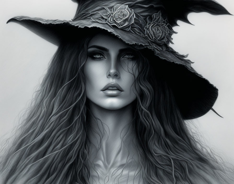 Monochromatic artwork of a woman with flowing hair in ornate hat