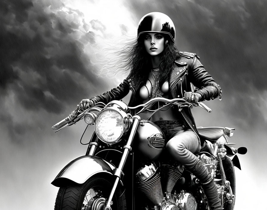 Monochrome illustration of woman on motorcycle under cloudy sky