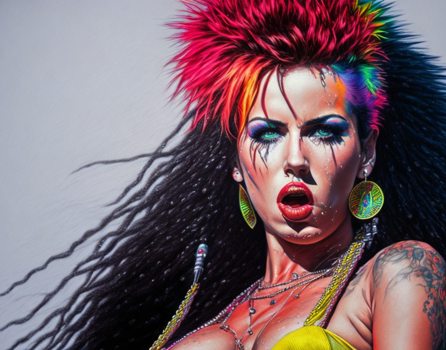 Colorful portrait of a woman with mohawk, tattoos, piercings, and expressive eyes