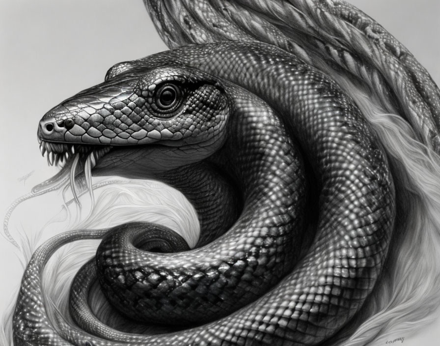 Detailed Monochrome Drawing: Serpent Coiled Around Hair/Fur