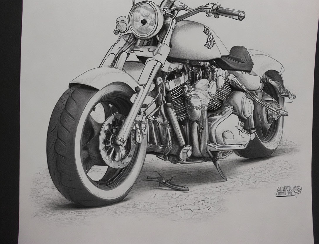 Detailed Pencil Sketch of Motorcycle with Realistic Design Elements
