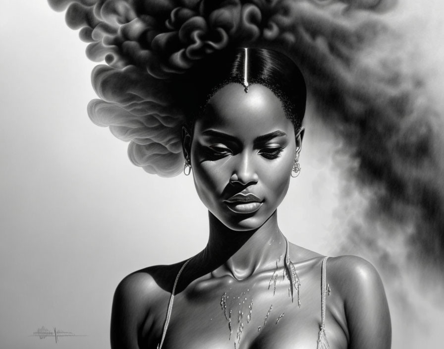 Monochrome artwork of woman with unique features and smoke cloud above her head